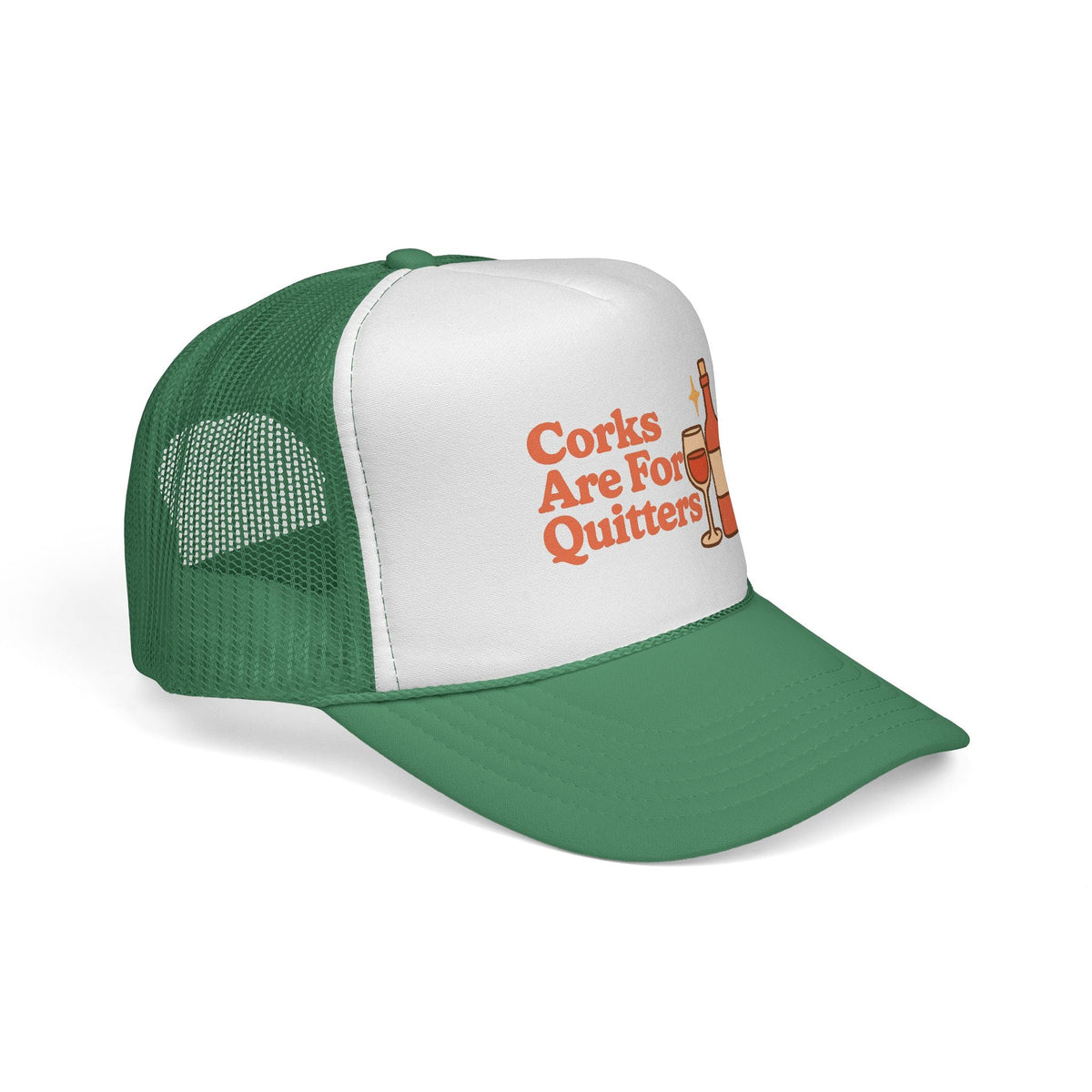 Green Corks Are For Quitters Hat, side view showing the curved brim