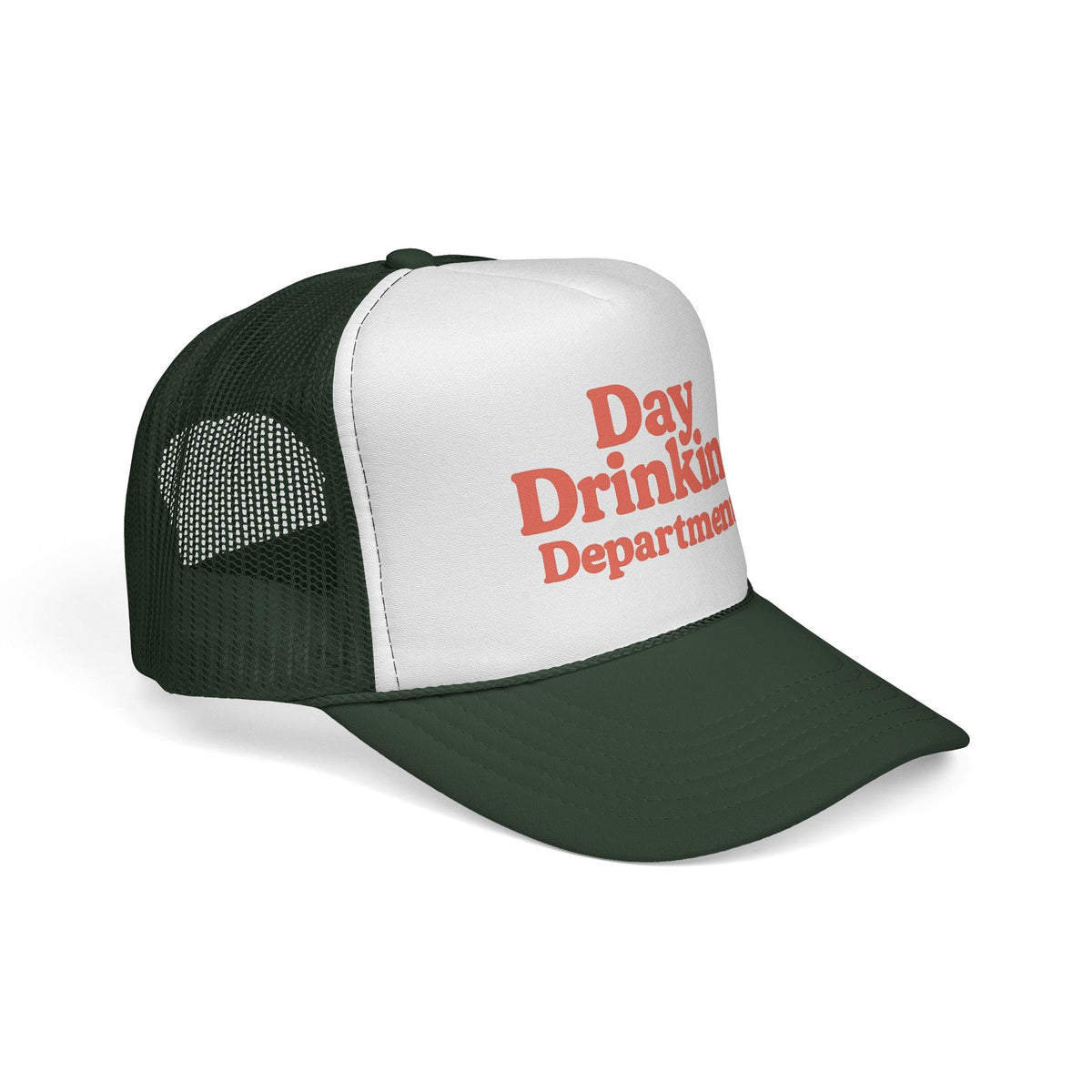 Dark Green Day Drinking Department Trucker Hat, side view showing the curved brim