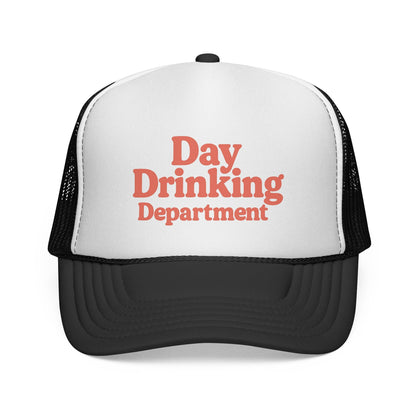 Black Day Drinking Department Trucker Hat, front view of the printed panel