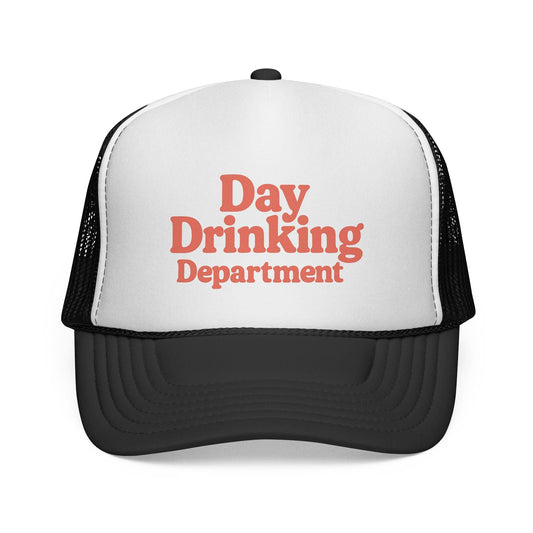 Black Day Drinking Department Trucker Hat, front view of the printed panel