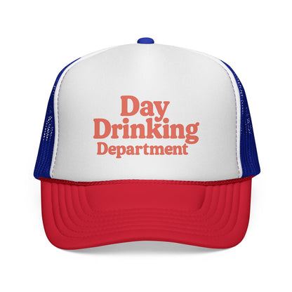 Blue and Red Day Drinking Department Trucker Hat, front view of the printed panel
