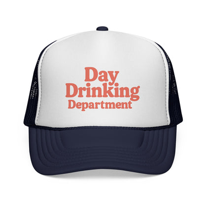 Dark Navy Day Drinking Department Trucker Hat, front view of the printed panel