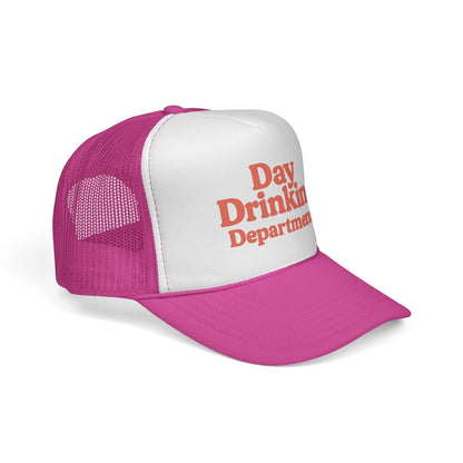 Pink Day Drinking Department Trucker Hat, side view showing the curved brim