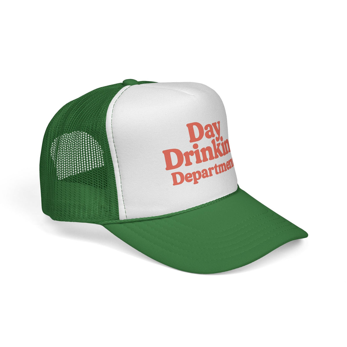 Green Day Drinking Department Trucker Hat, side view showing the curved brim