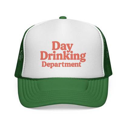 Green Day Drinking Department Trucker Hat, front view of the printed panel