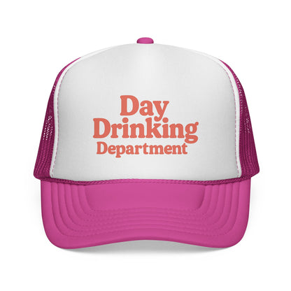 Pink Day Drinking Department Trucker Hat, front view of the printed panel