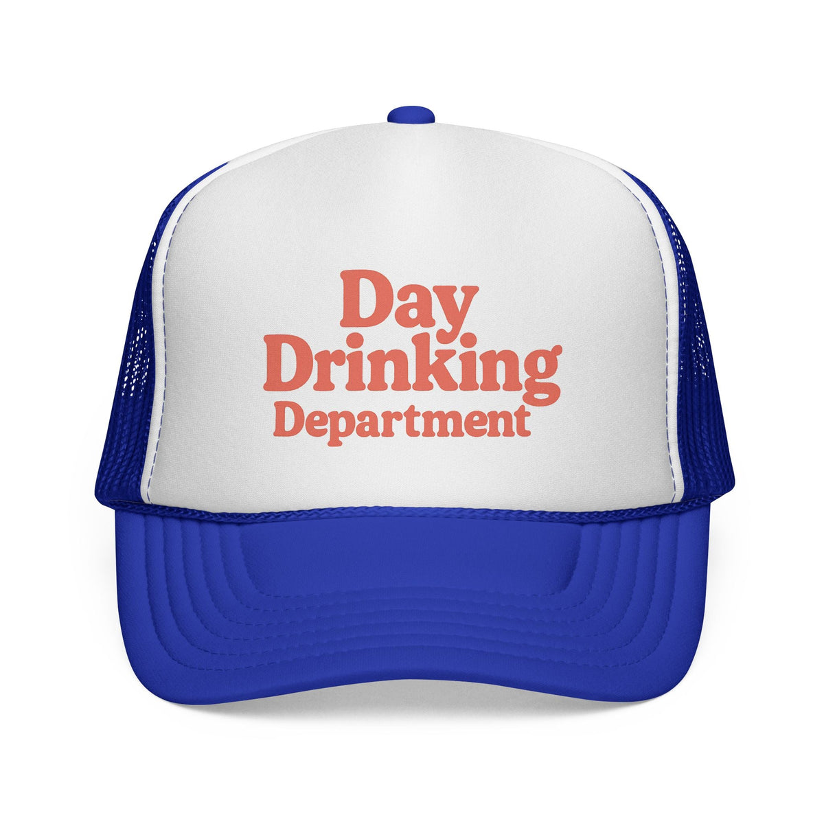 Royal Day Drinking Department Trucker Hat, front view of the printed panel