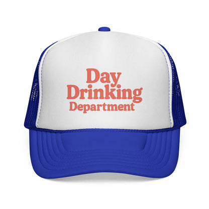Royal Day Drinking Department Trucker Hat, front view of the printed panel