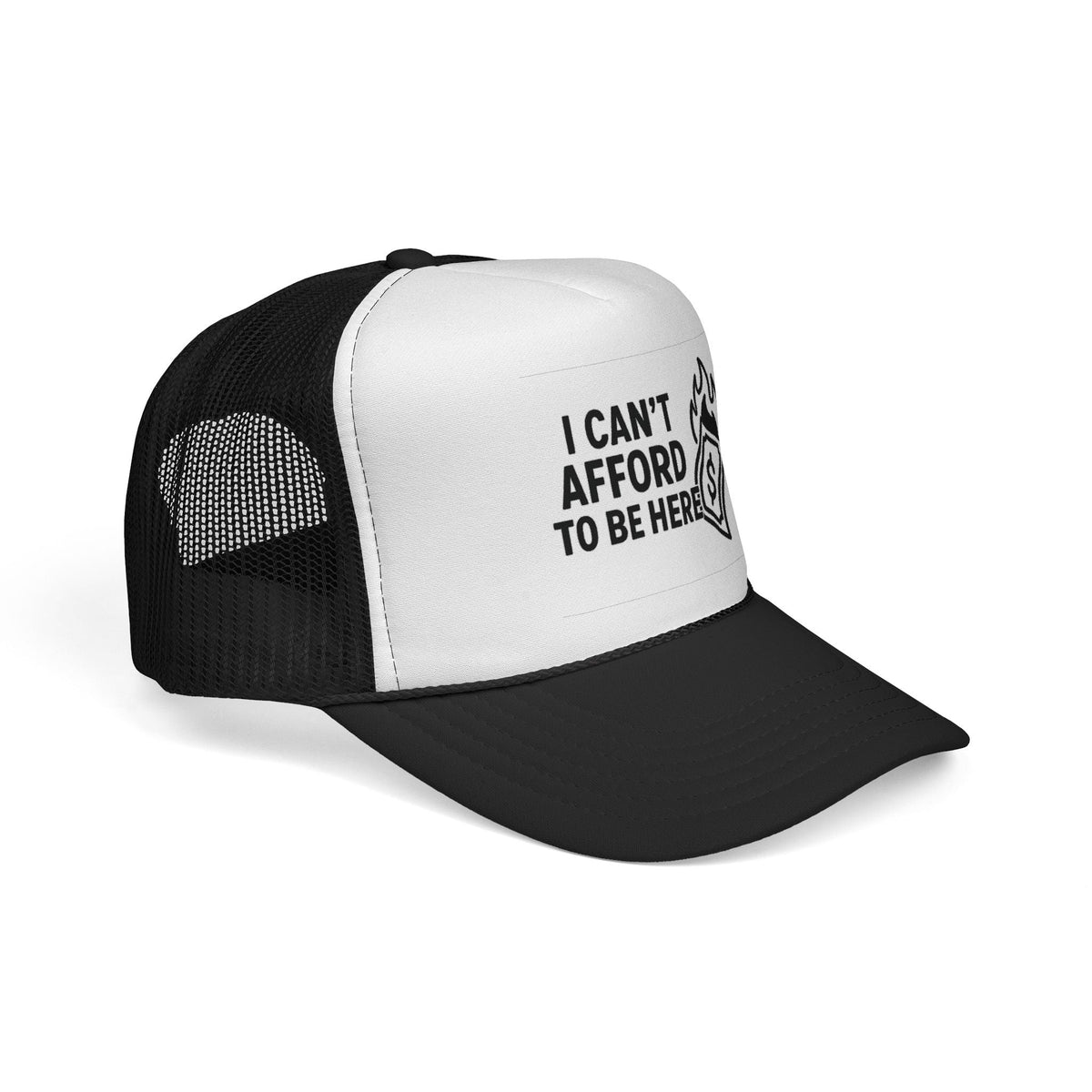 Black I Can’t Afford to Be Here Hat, side view showing the curved brim