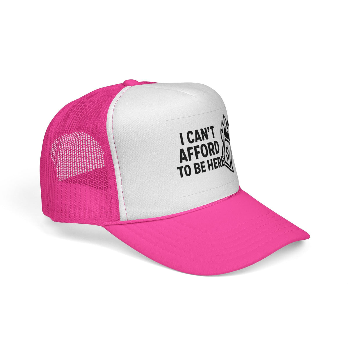 Pink I Can’t Afford to Be Here Hat, side view showing the curved brim