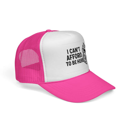Pink I Can’t Afford to Be Here Hat, side view showing the curved brim