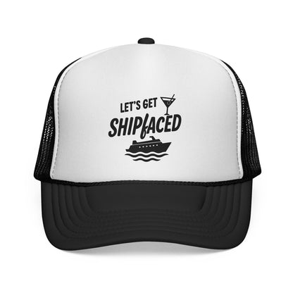 Black Let’s Get Shipfaced Hat, front view of the printed panel