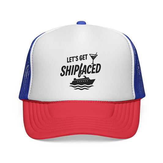 Blue and Red Let’s Get Shipfaced Hat, front view of the printed panel