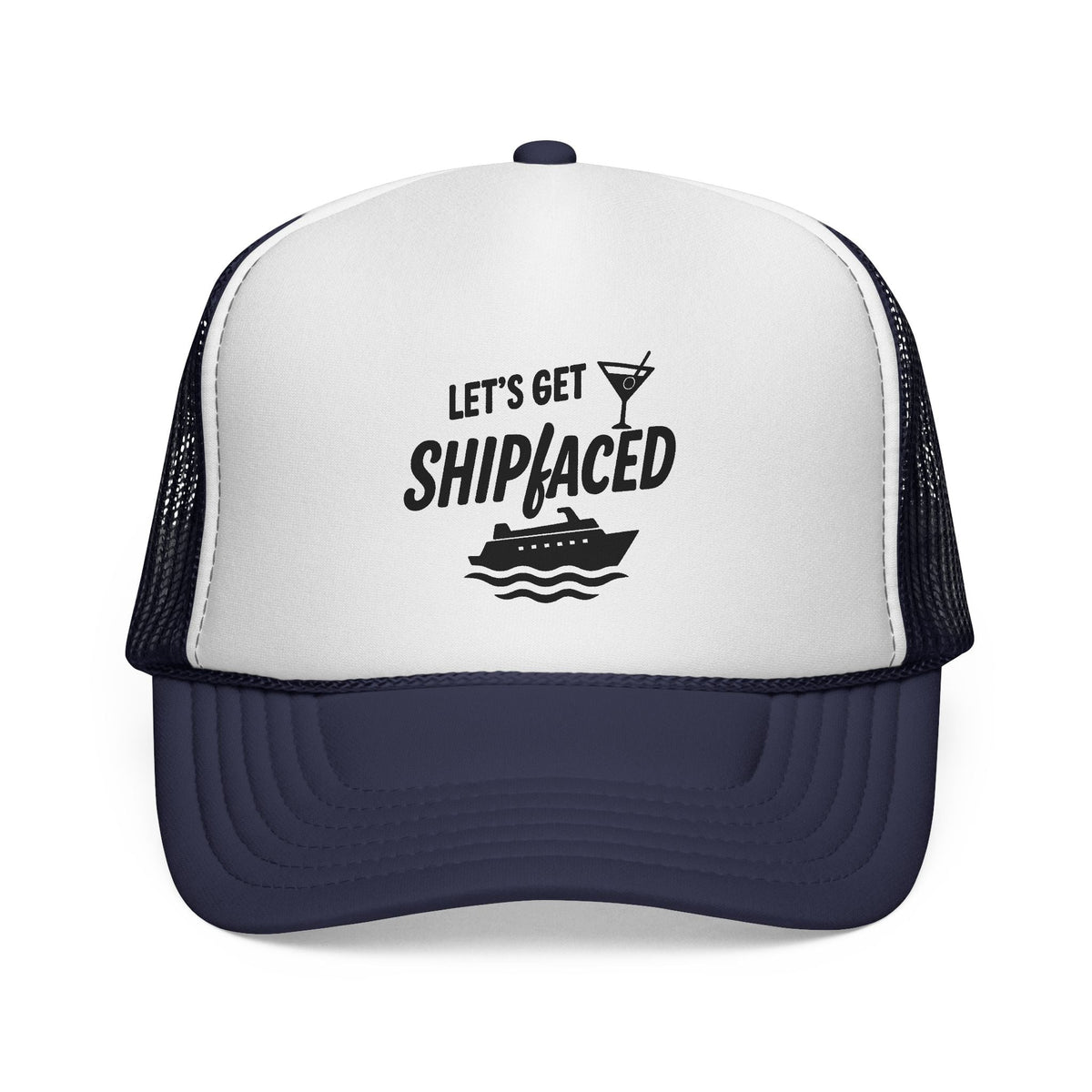 Dark Navy Let’s Get Shipfaced Hat, front view of the printed panel