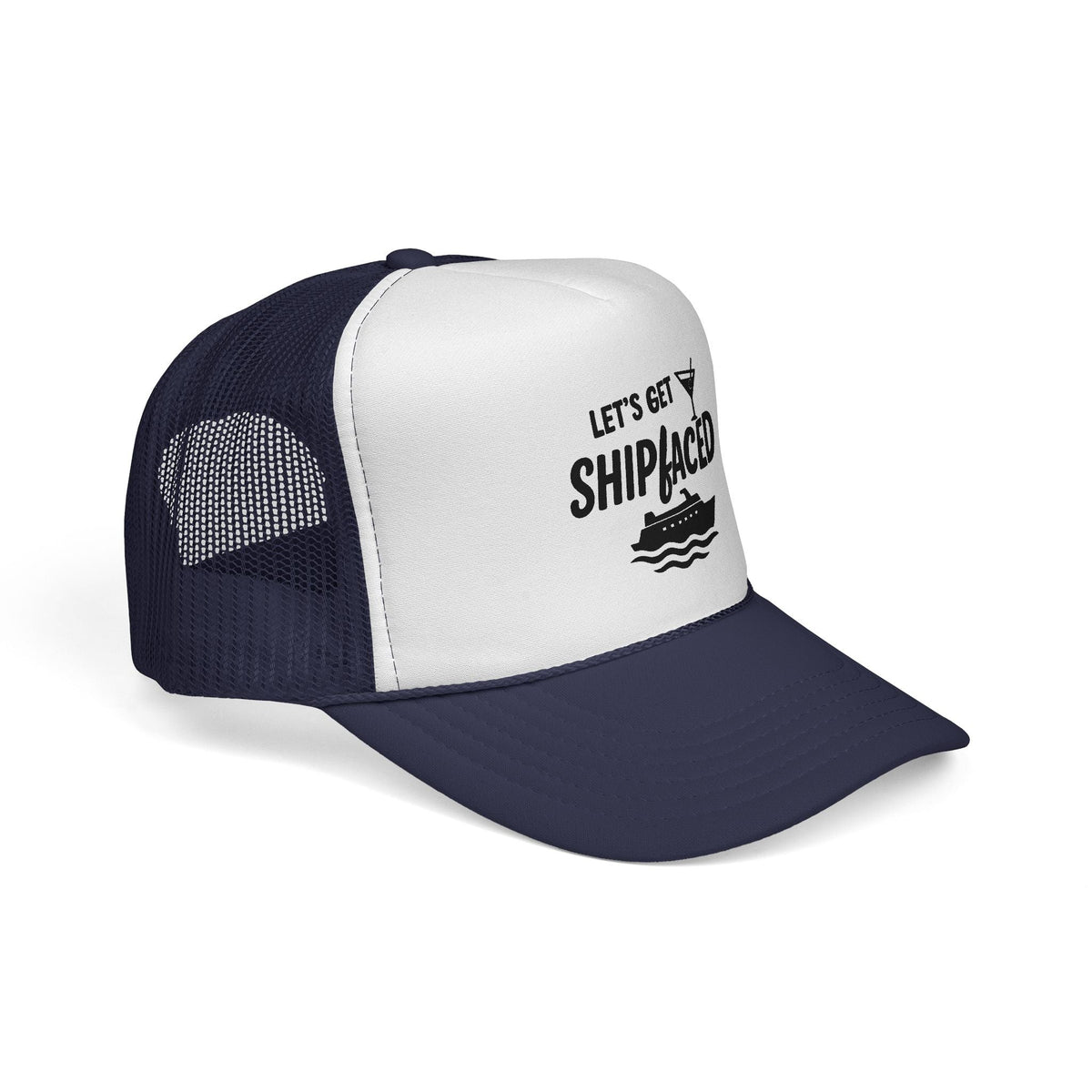 Dark Navy Let’s Get Shipfaced Hat, side view showing the curved brim