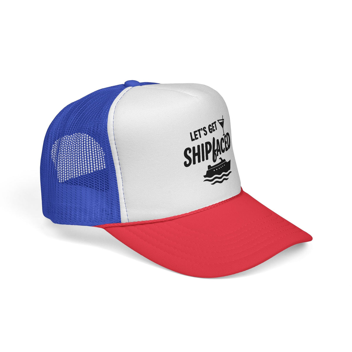 Blue and Red Let’s Get Shipfaced Hat, side view showing the curved brim