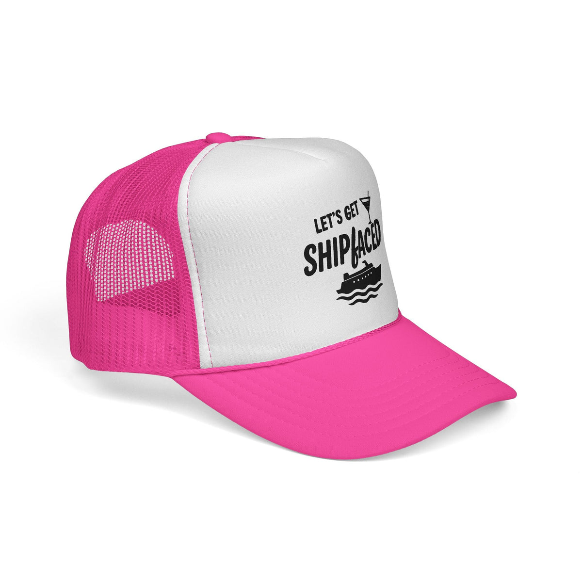 Pink Let’s Get Shipfaced Hat, side view showing the curved brim
