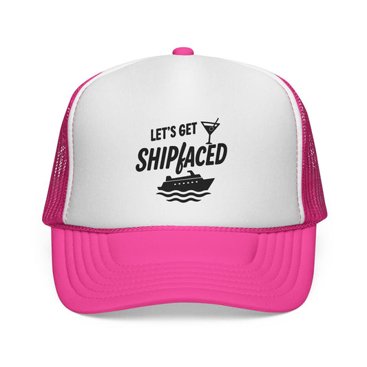 Pink Let’s Get Shipfaced Hat, front view of the printed panel