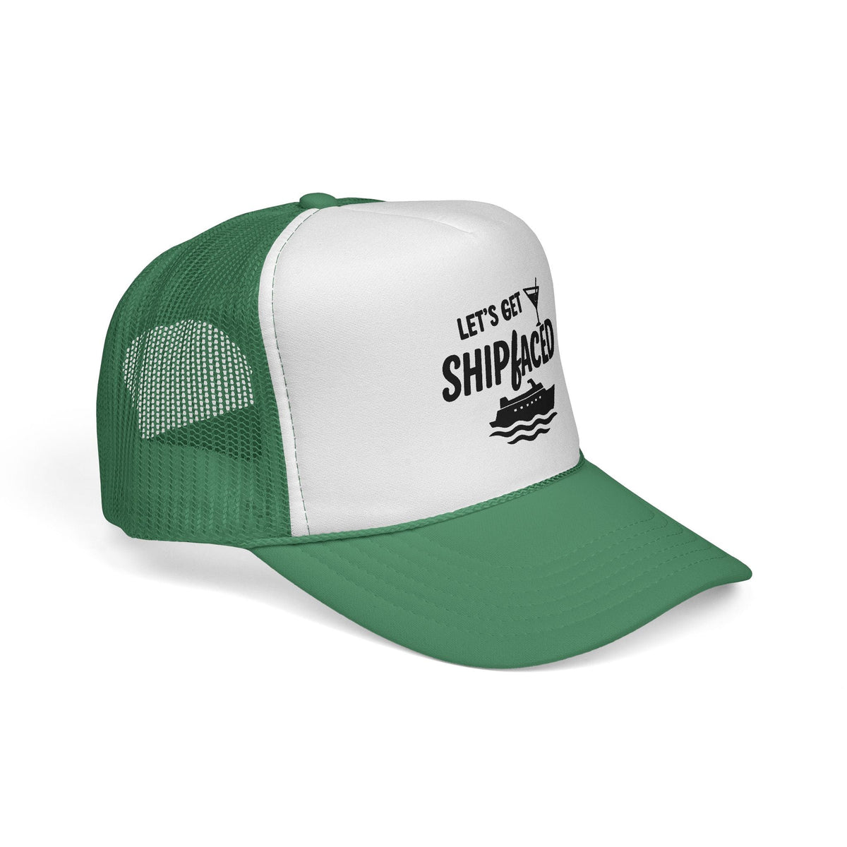 Green Let’s Get Shipfaced Hat, side view showing the curved brim