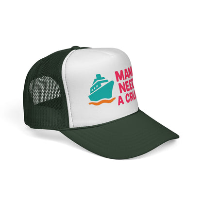 Dark Green Mama Needs a Cruise Trucker Hat, side view showing the curved brim