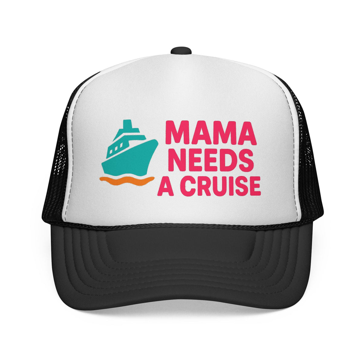Black Mama Needs a Cruise Trucker Hat, front view of the printed panel
