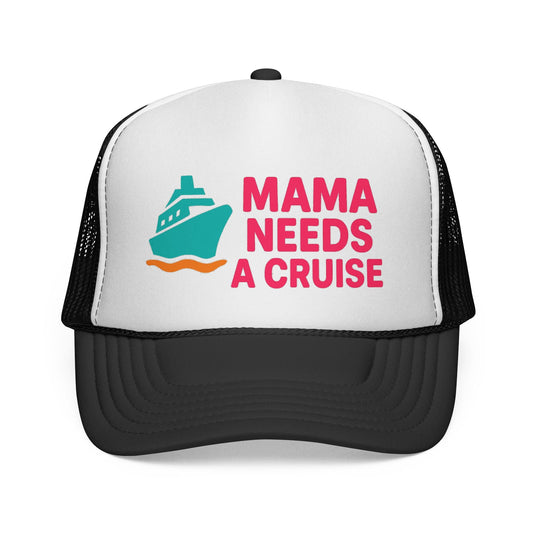 Black Mama Needs a Cruise Trucker Hat, front view of the printed panel