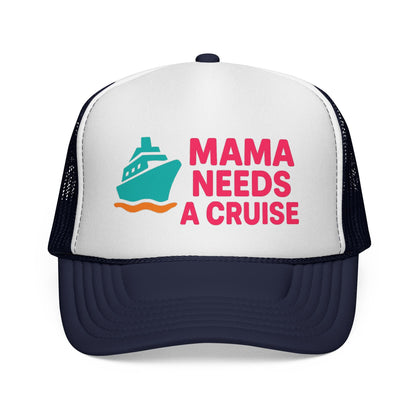 Dark Navy Mama Needs a Cruise Trucker Hat, front view of the printed panel