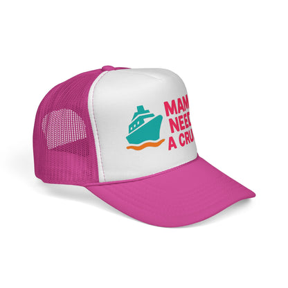 Pink Mama Needs a Cruise Trucker Hat, side view showing the curved brim