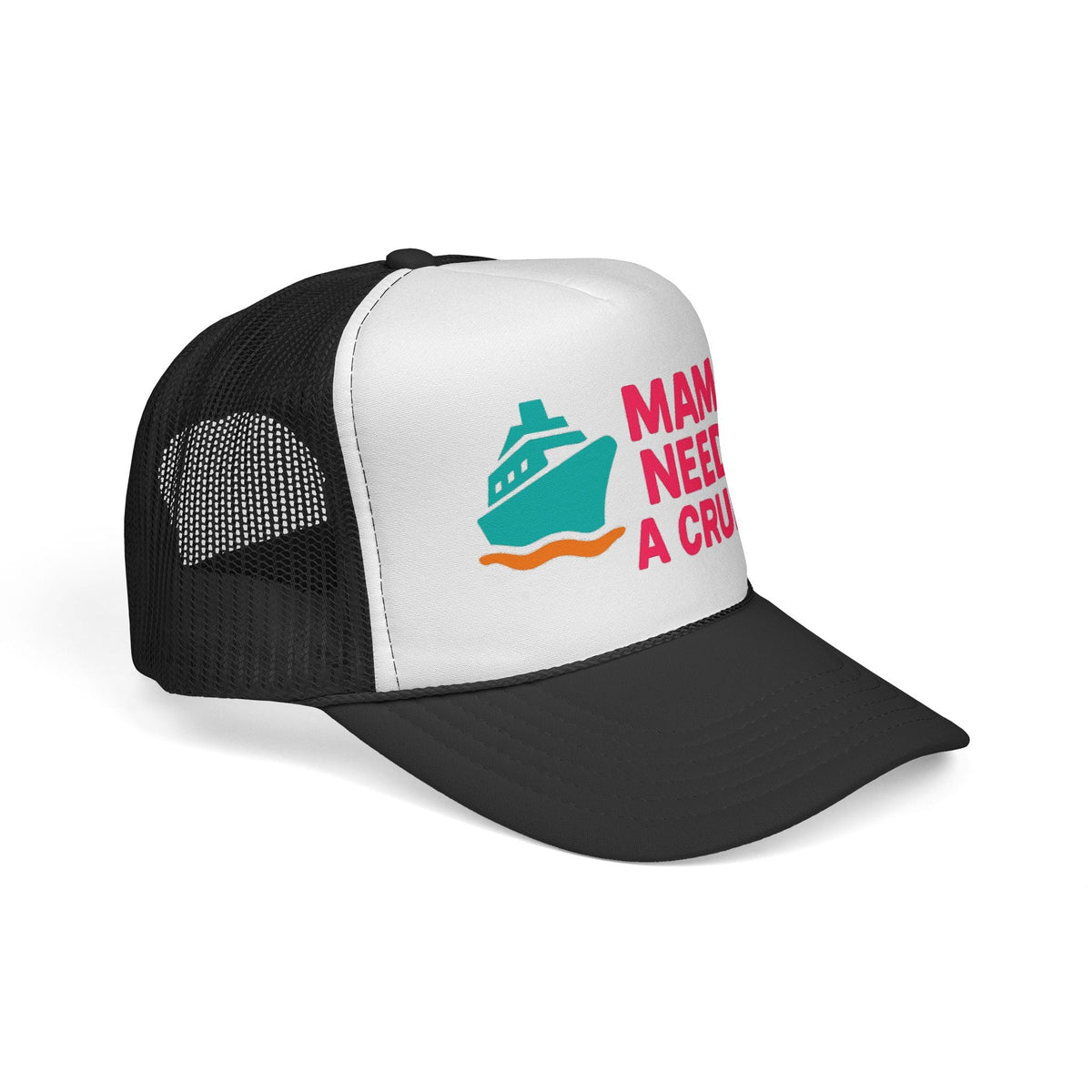 Black Mama Needs a Cruise Trucker Hat, side view showing the curved brim