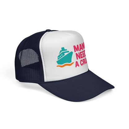 Dark Navy Mama Needs a Cruise Trucker Hat, side view showing the curved brim