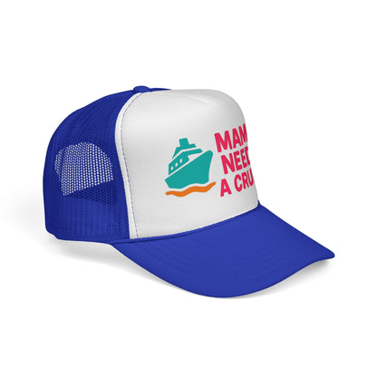 Royal Mama Needs a Cruise Trucker Hat, side view showing the curved brim