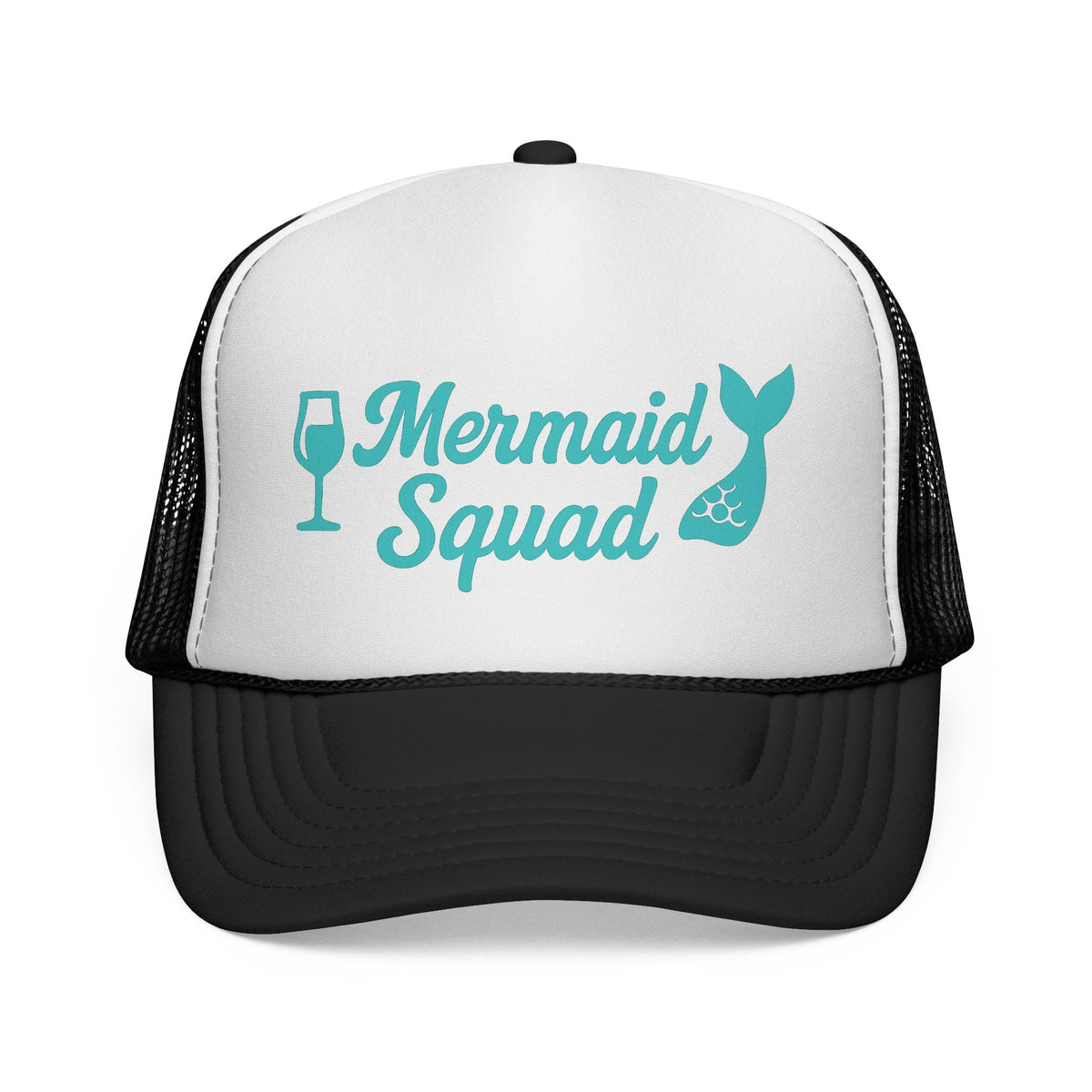 Black Mermaid Squad Trucker Hat, front view of the printed panel