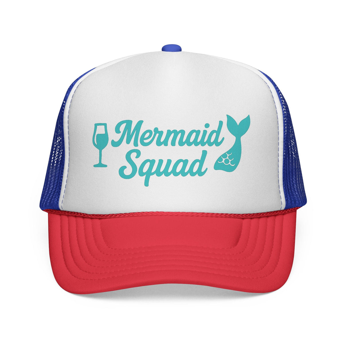 Blue and Red Mermaid Squad Trucker Hat, front view of the printed panel