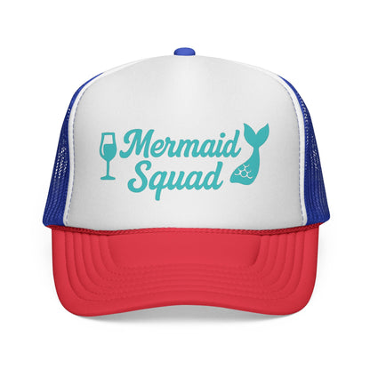 Blue and Red Mermaid Squad Trucker Hat, front view of the printed panel