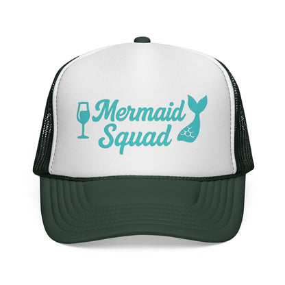 Dark Green Mermaid Squad Trucker Hat, front view of the printed panel