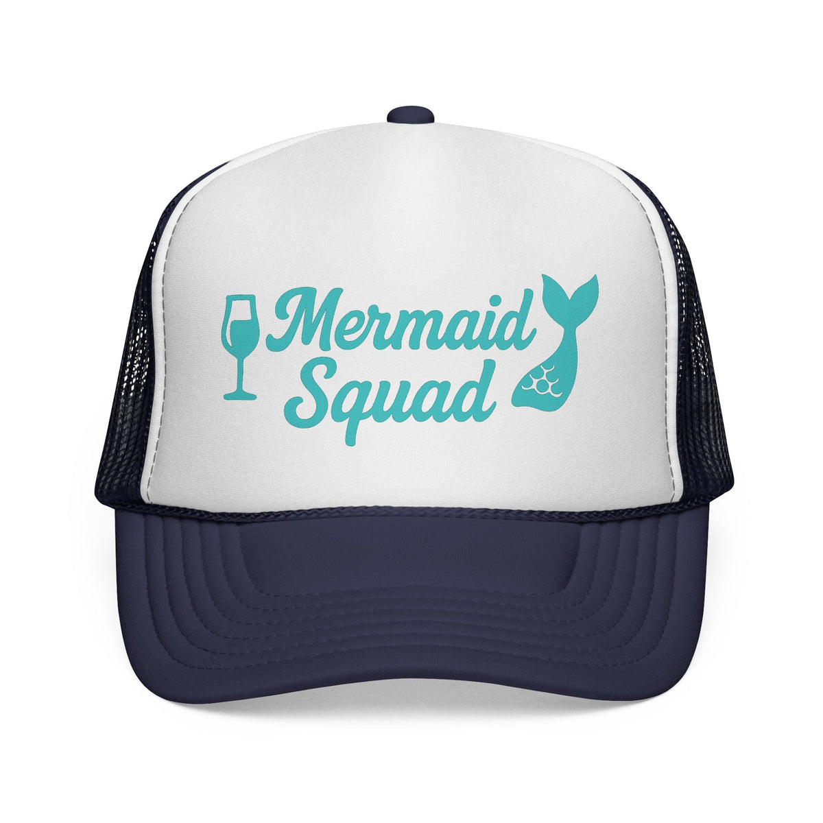 Dark Navy Mermaid Squad Trucker Hat, front view of the printed panel