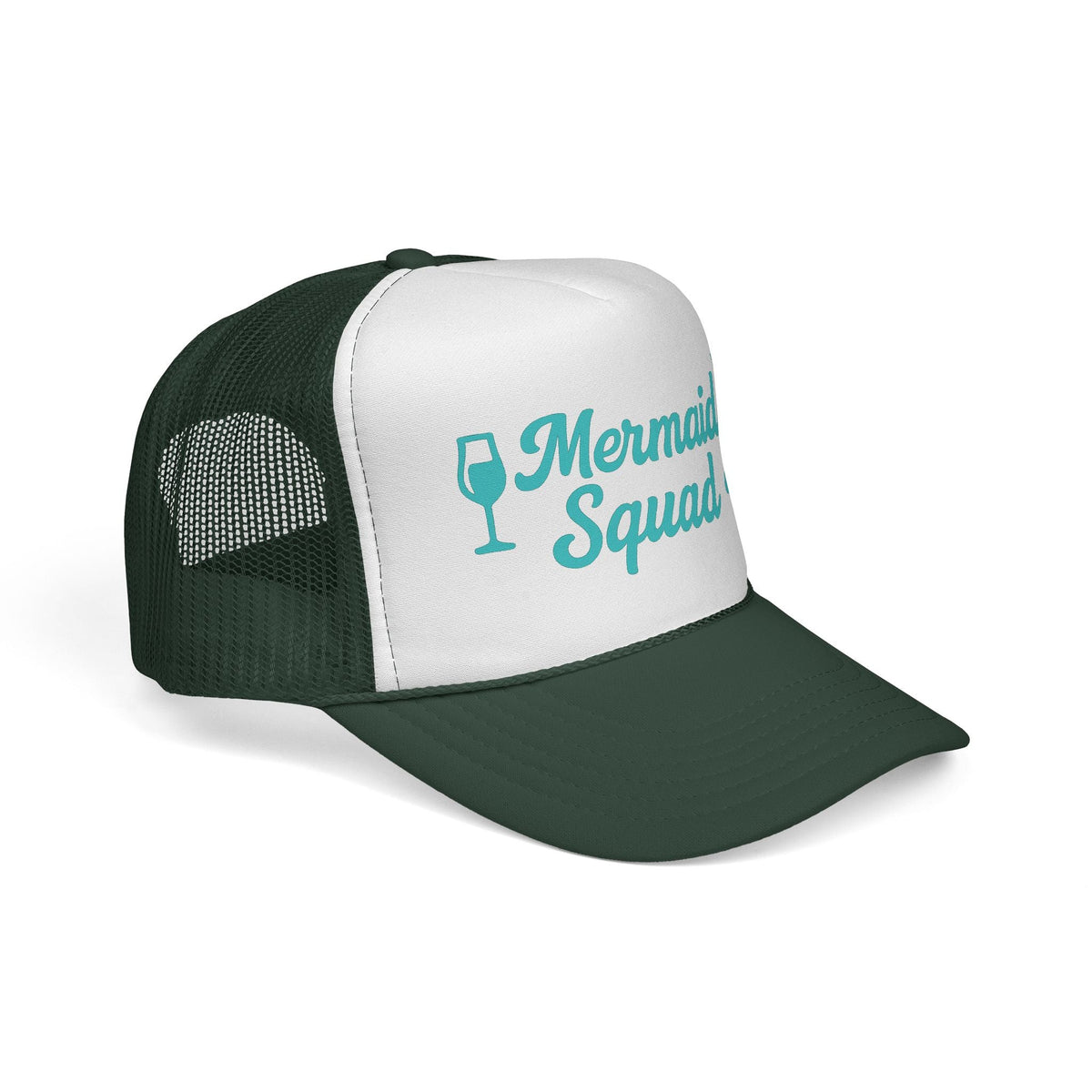 Dark Green Mermaid Squad Trucker Hat, side view showing the curved brim