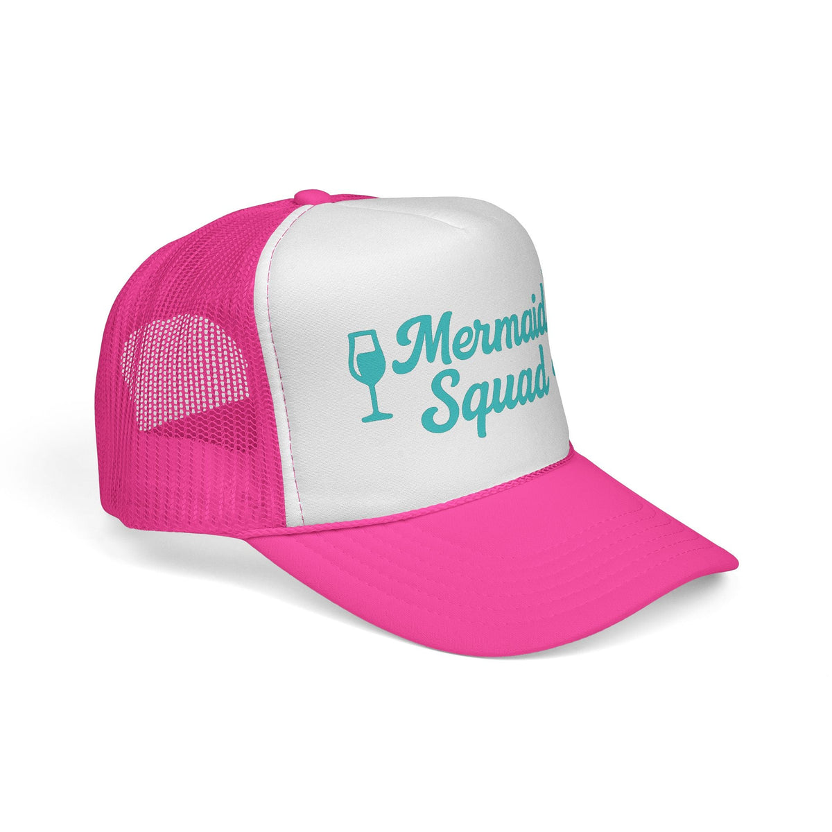 Pink Mermaid Squad Trucker Hat, side view showing the curved brim