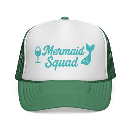 Green Mermaid Squad Trucker Hat, front view of the printed panel
