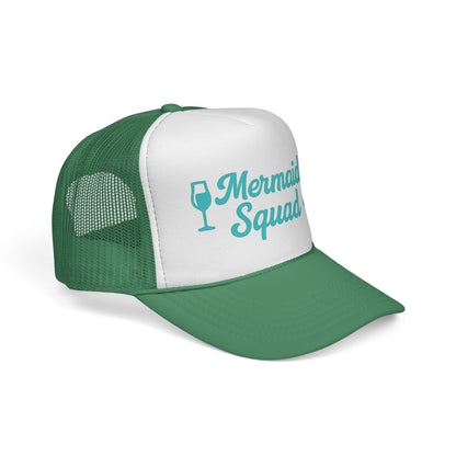 Green Mermaid Squad Trucker Hat, side view showing the curved brim