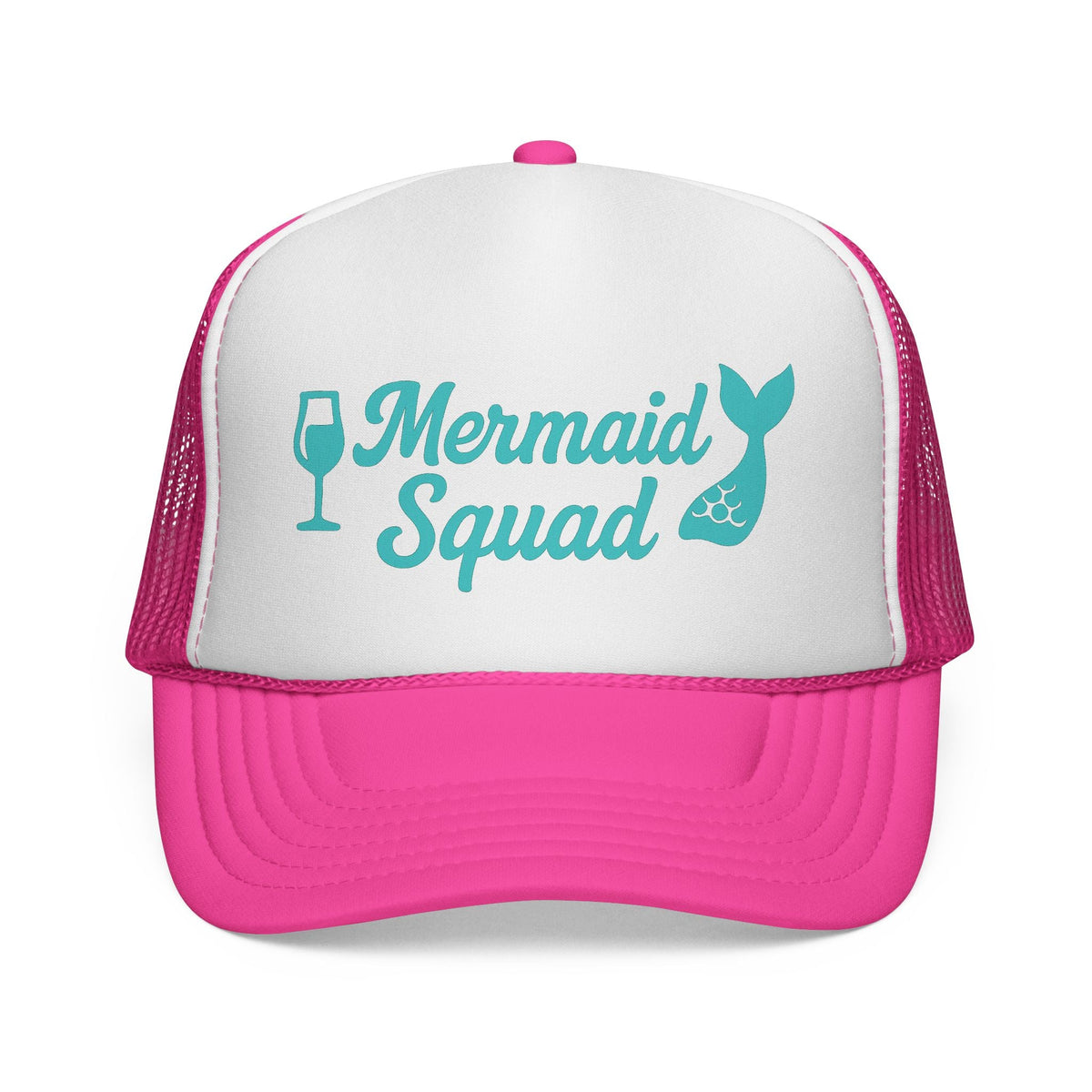Pink Mermaid Squad Trucker Hat, front view of the printed panel