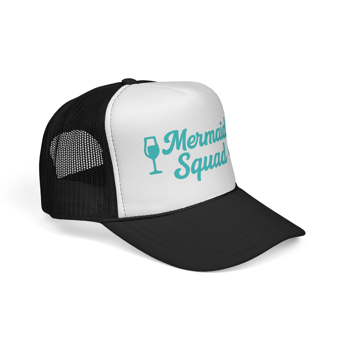 Black Mermaid Squad Trucker Hat, side view showing the curved brim