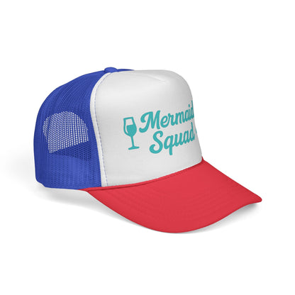 Blue and Red Mermaid Squad Trucker Hat, side view showing the curved brim