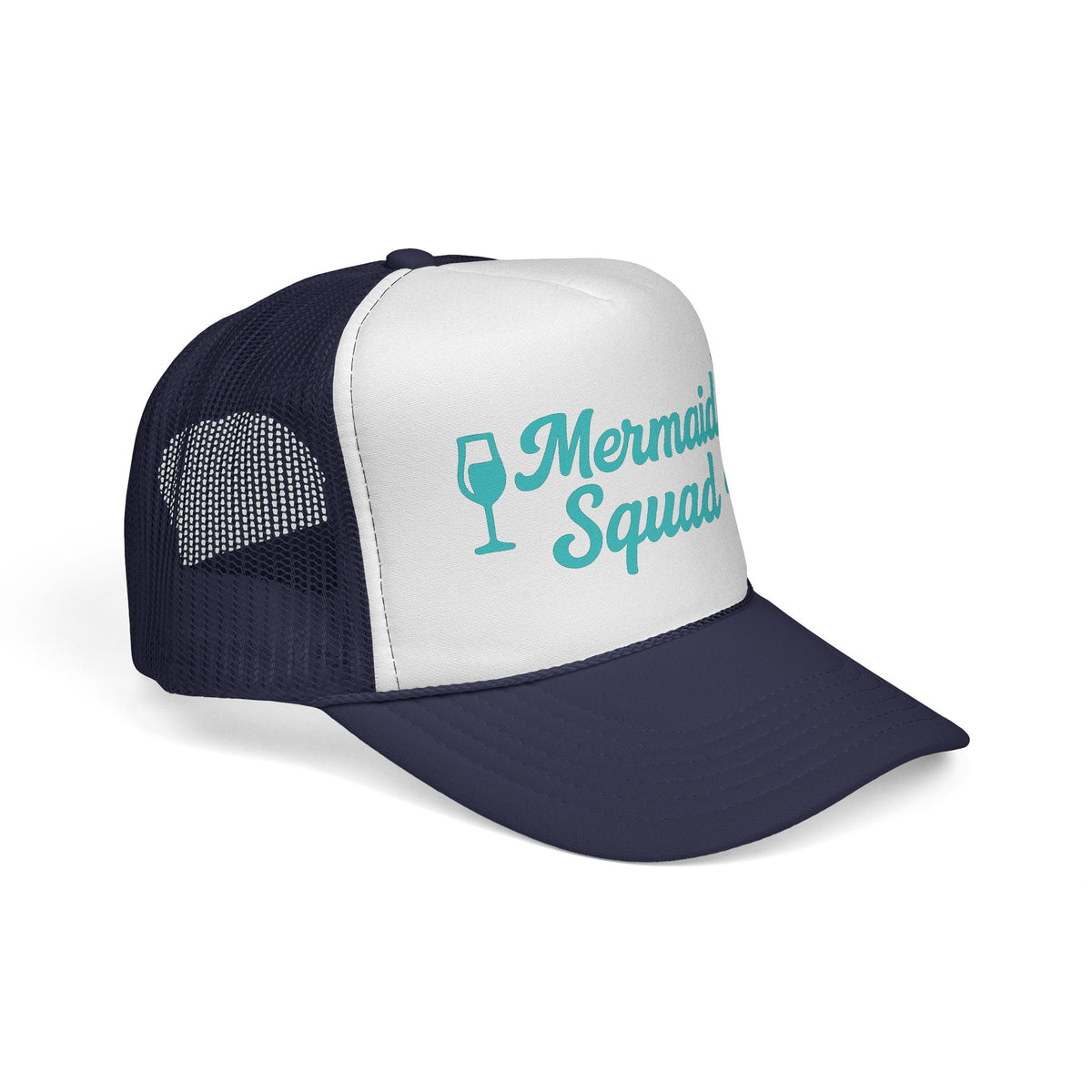 Dark Navy Mermaid Squad Trucker Hat, side view showing the curved brim