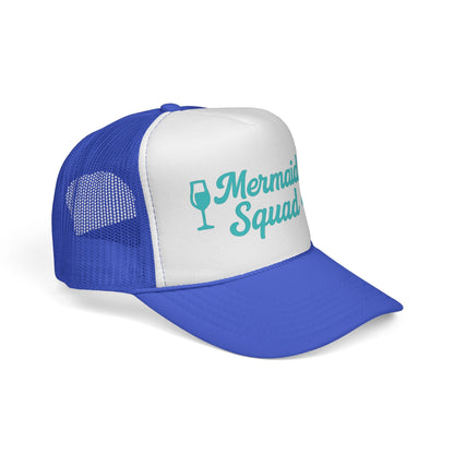 Royal Mermaid Squad Trucker Hat, side view showing the curved brim