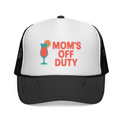 Black Mom's Off Duty Hat, front view of the printed panel