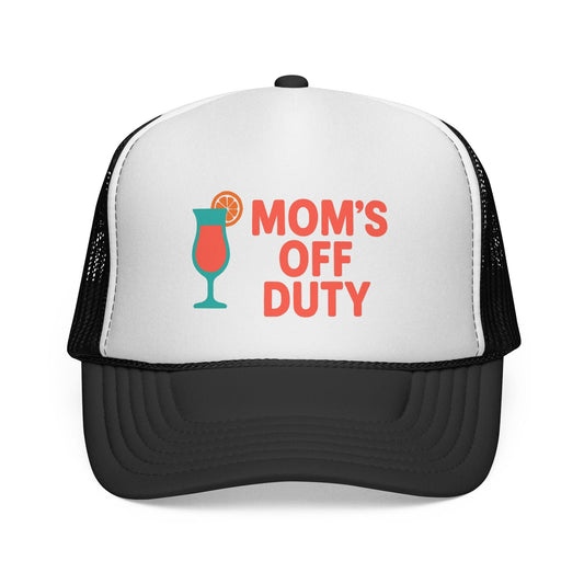 Black Mom's Off Duty Hat, front view of the printed panel
