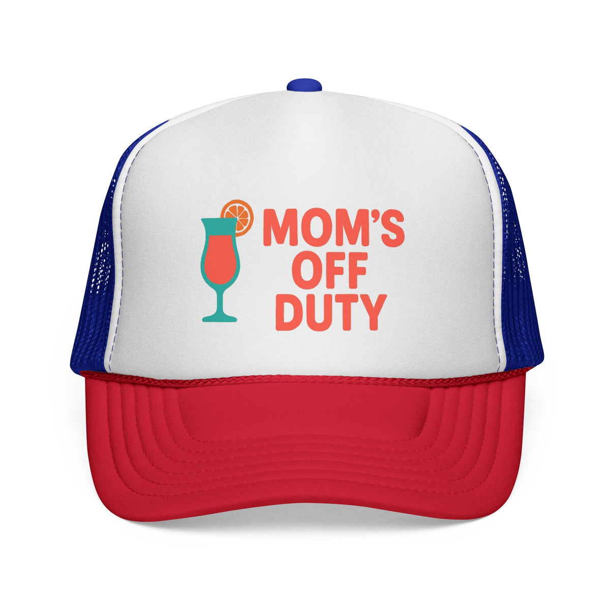 Blue and Red Mom's Off Duty Hat, front view of the printed panel