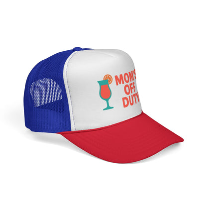 Blue and Red Mom's Off Duty Hat, side view showing the curved brim