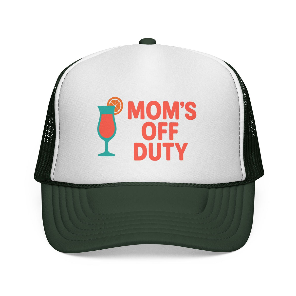 Dark Green Mom's Off Duty Hat, front view of the printed panel